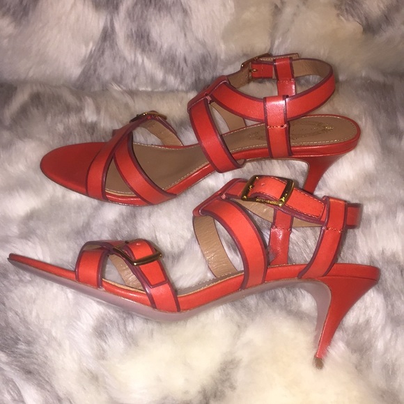 ELIE TAHARI Red Leather Georgia Strappy Heeled Sandals Sz 8.5 - Picture 4 of 8